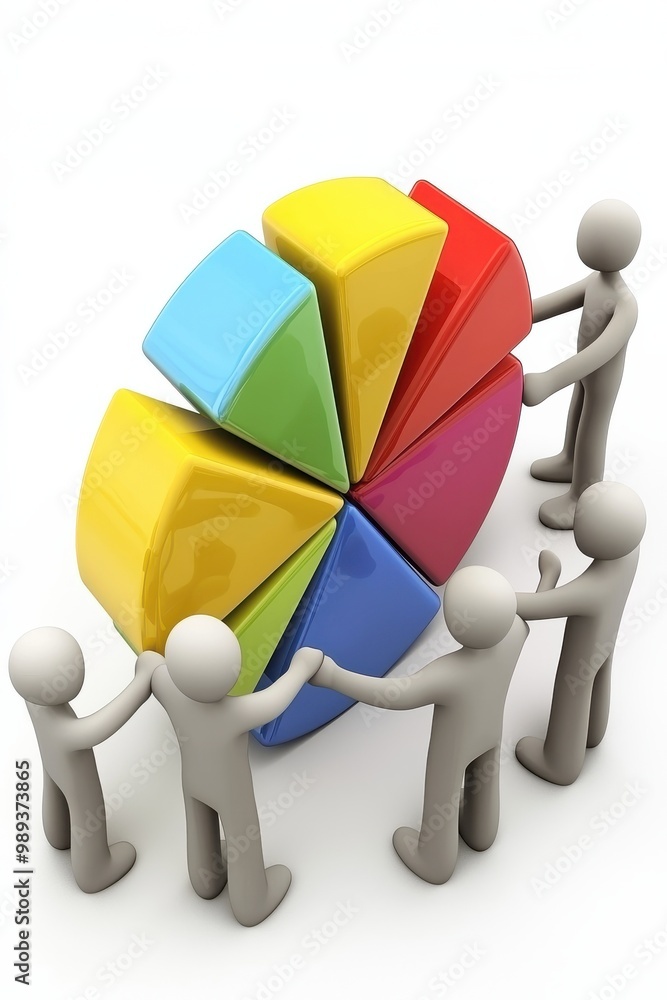 Poster 3d cartoon figurines collaborating on assembling colorful pie chart segments, symbolizing teamwork a