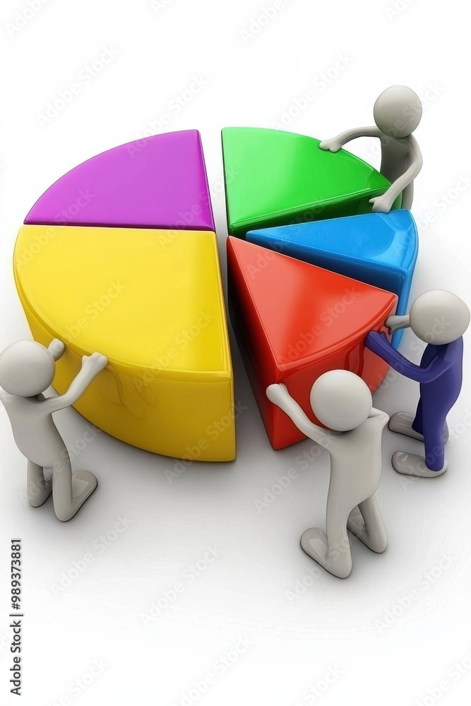 Poster 3d cartoon characters collaborating by pushing colorful pie chart segments representing teamwork and