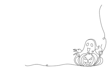 Hand drawn halloween illustration drawn by one line. Corner element. Sketch with pumpkins, raven, cute ghost.