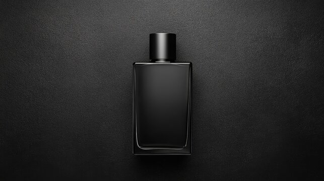 Elegant black perfume bottle on a dark background, showcasing minimalistic design and luxurious appeal for product marketing.