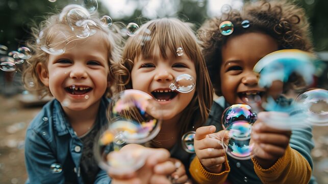 Diverse group of kids having exciting outdoor fun with bubbles during a sunny weekend activity