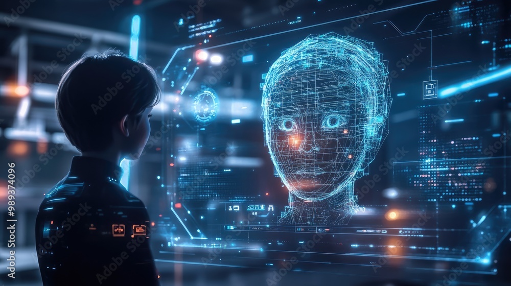Poster a 3d digital avatar interacting with a user on a virtual screen, representing advancements in ai and