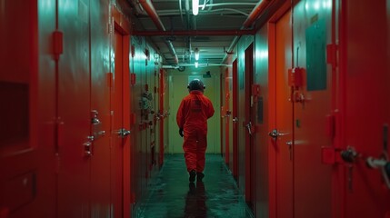 Astronaut in spacesuit walking through shuttle corridor for scientific moon mission adventure