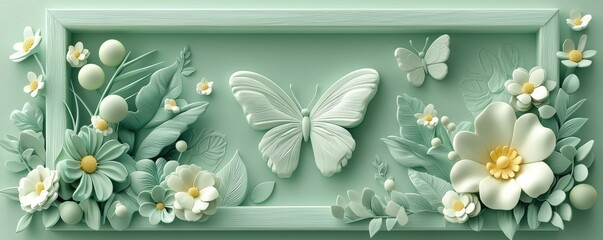 Intricate 3D clay frame featuring delicate butterfly decorations with floral elements in a light green color palette