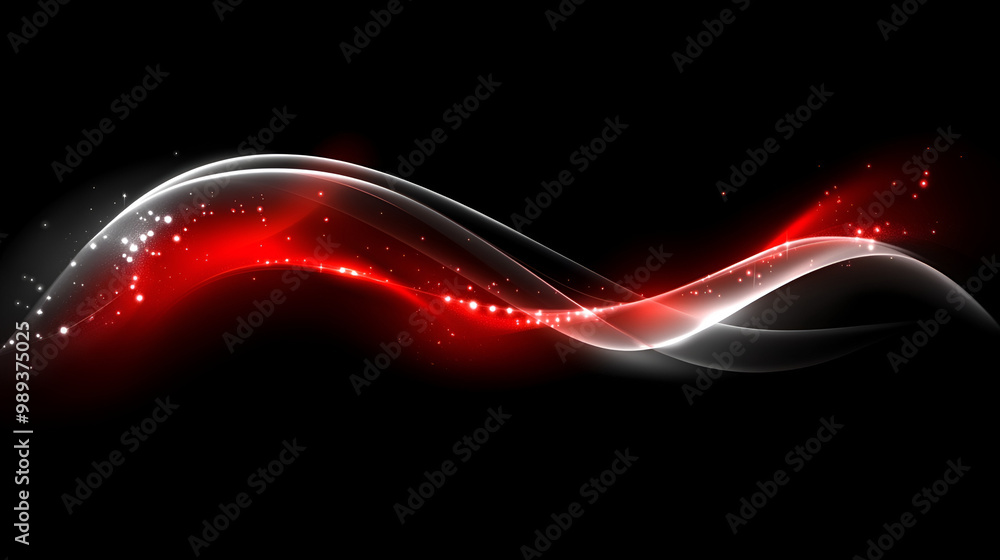 Poster dynamic red and white abstract waves floating against a black background in a smooth, fluid design
