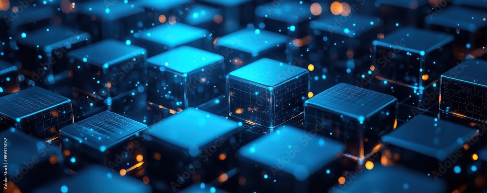 Poster 3d blue glowing cubes with intricate digital patterns set against a dark, futuristic backdrop