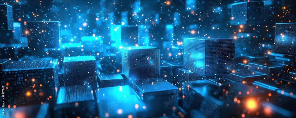 Poster 3d cubes with a blue glow floating against a dark background, creating a futuristic and digital tech
