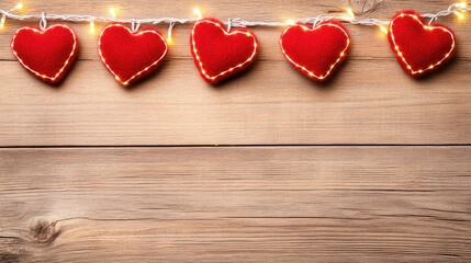 Fototapeta premium Celebrate love with a charming display of red hearts and warm lights on a rustic wooden background for Valentine's Day festivities