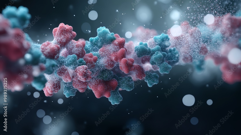 Poster abstract representation of molecular structure with colorful particles, showcasing science and techn