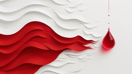 A large blood droplet in a glass design, set against a glossy red paper 