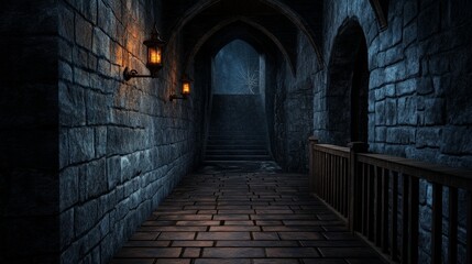 A dimly lit stone corridor with medieval lanterns, featuring a wooden railing and stairs leading to an unknown destination.