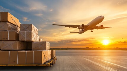 A cargo plane flying over stacked boxes at sunset, symbolizing shipping logistics and global transportation.