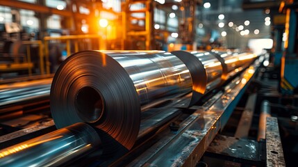 Obraz premium Galvanized steel roll coil for metal sheet forming machines in a metalwork factory workshop, illuminated by sunlight