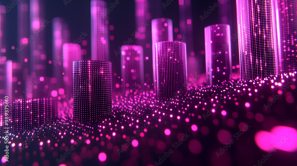 Poster abstract digital landscape with vibrant purple pixels and glowing structures creating a futuristic a