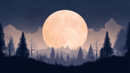 Naklejka premium A serene night landscape featuring a glowing full moon surrounded by silhouettes of tall trees and distant mountains.