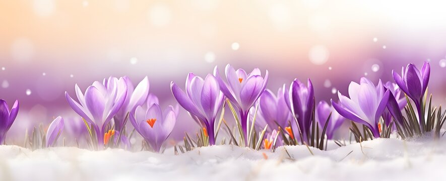 Purple Crocuses Blooming in Spring Snow