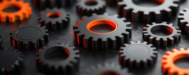 3D illustration of minimalistic black and orange gears in a clean, modern design