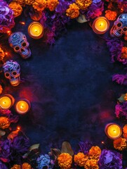 Vibrant Day of the Dead altar with colorful marigolds, candles, and sugar skulls on a dark background.
