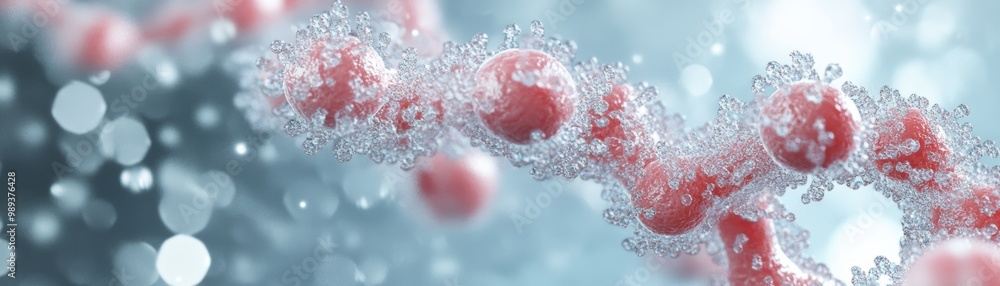 Poster abstract molecular structure with red spheres, showcasing bubbles and a luminous background, symboli