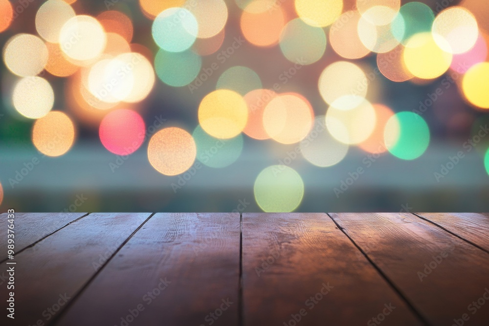 Poster Minimalist Smooth Black Table with Colorful Bokeh Background, Ideal for Product Display - Festive and Modern Abstract Style