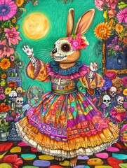 Vibrant illustration of a decorated rabbit in traditional dress celebrating Dia de los Muertos.