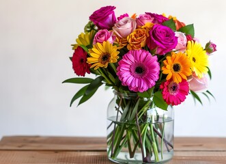 Fototapeta premium Colorful Roses & Gerbera Daisies Bouquet in Glass Jar