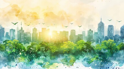 poster design for Ecosystem City and World Environment Day, featuring a slogan and event name, presented in a watercolor style