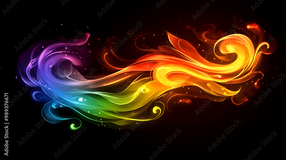 Poster colorful swirling smoke patterns in vibrant shades of rainbow against a black background, creating a