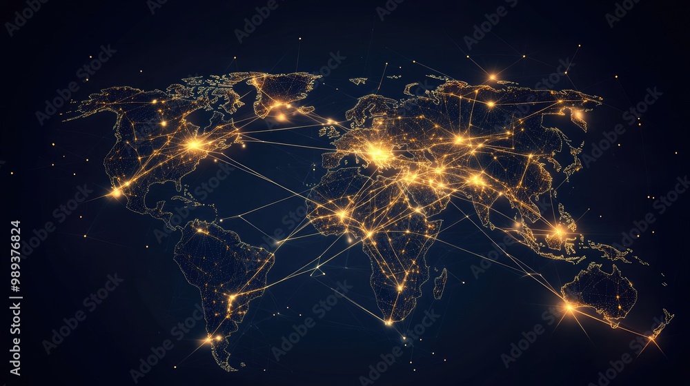 Poster a concept of a digital world map made up of data points and glowing lines, representing global techn