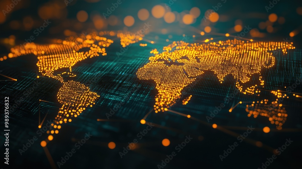 Poster a concept of a digital world map made up of data points and glowing lines, representing global techn