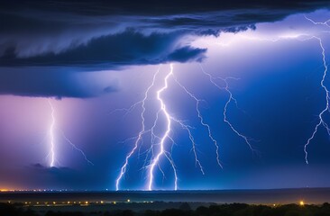 Dramatic lightning bolts in the night sky over a vibrant cityscape