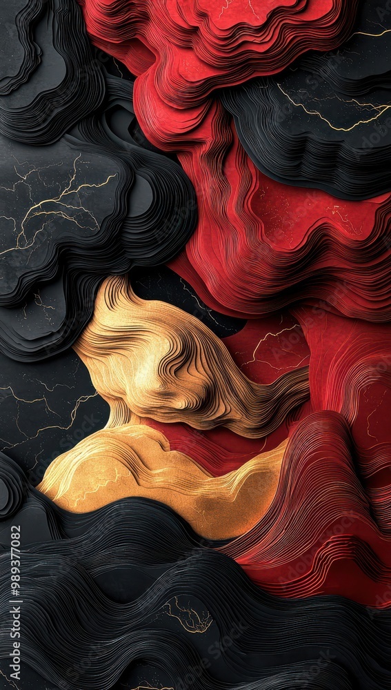 Aufkleber abstract 3d paper art with dynamic black and red layers and gold accents, creating a striking topogr