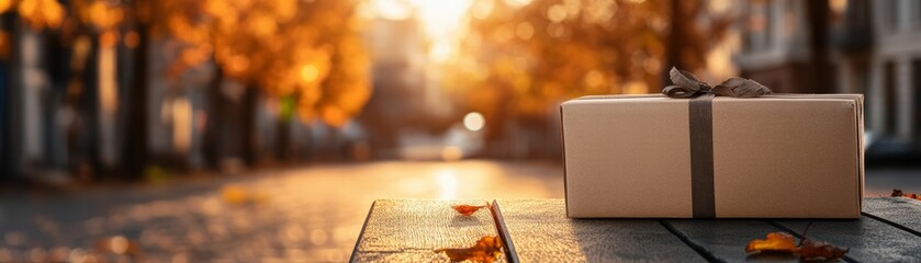 A beautifully wrapped gift box rests on a wooden surface with vibrant autumn foliage and soft sunlight in the background.