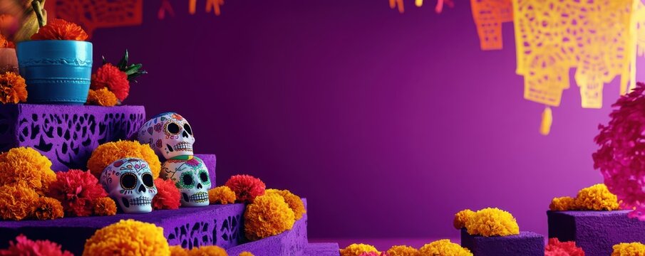 Colorful altar for Day of the Dead with marigolds and sugar skulls, purple background, vibrant decorative elements.