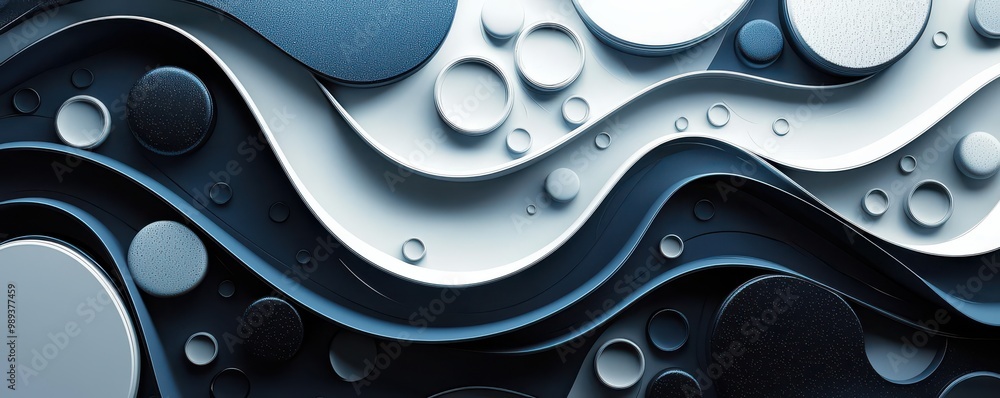 Poster abstract 3d render featuring a dynamic wave pattern with blue and white circular elements and elegan