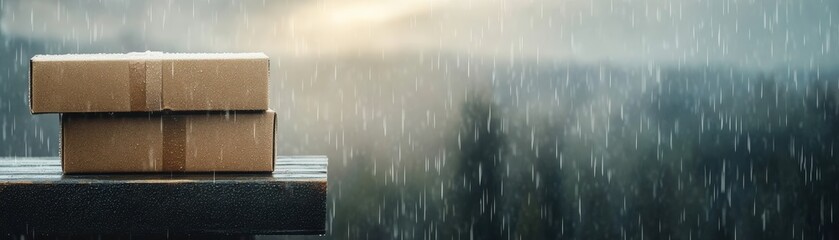 Two cardboard boxes stacked on a platform, surrounded by a heavy rainstorm, emphasizing delivery logistics and weather challenges.