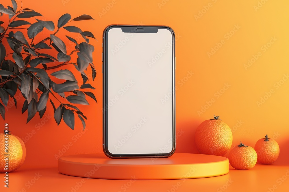 Aufkleber 3d rendering of an iphone with a blank screen set against an orange background featuring oranges and