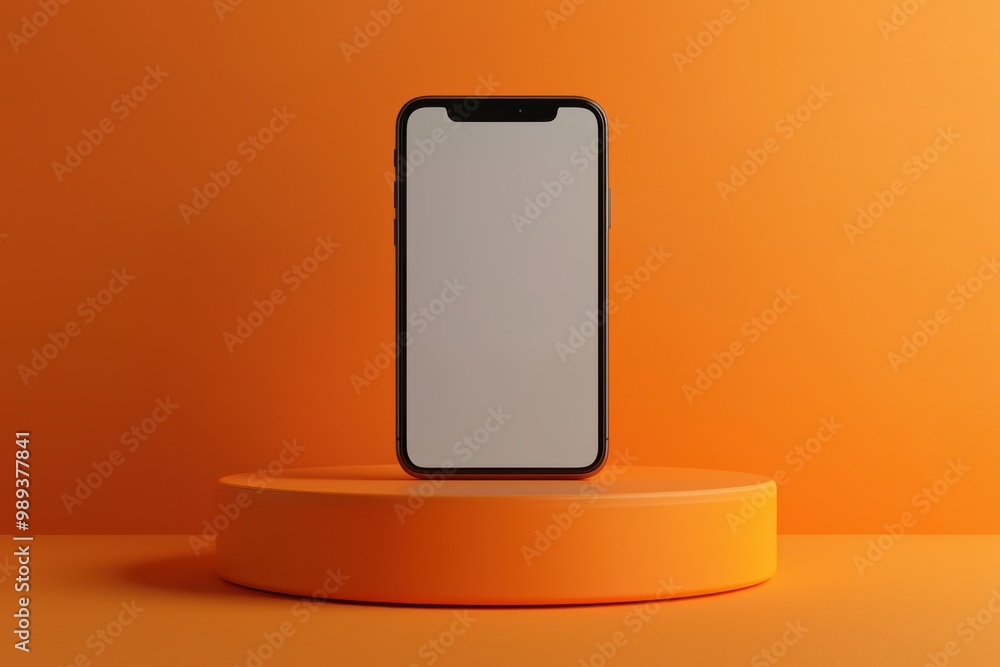 Poster 3d rendering of a black smartphone with a blank screen on a vibrant orange pedestal in a minimalist 