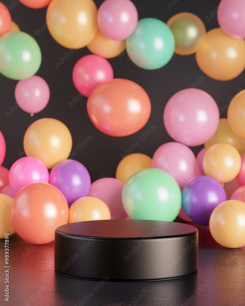 Poster glossy black podium with floating iridescent balloons against a colorful reflective background