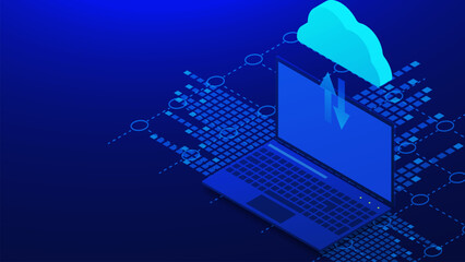 Laptop with download and upload from cloud computing isometric. Data storage, cloud technology and networking service concept on dark blue background.