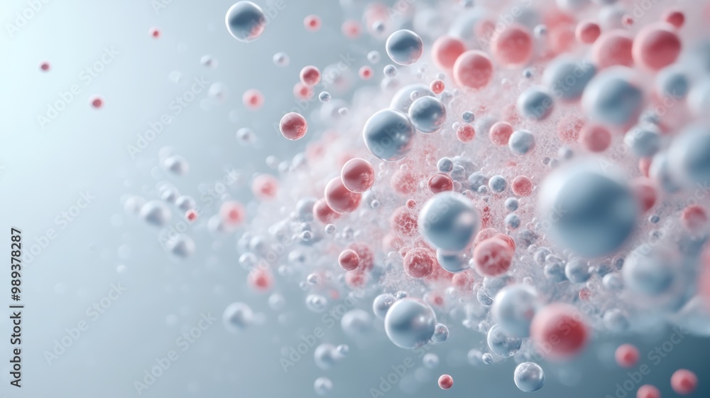 Poster abstract representation of colorful spheres floating in a dynamic motion. perfect for science and te