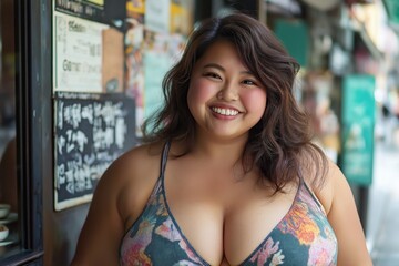 portrait of young pretty plus size woman smiling walking at city street, optimistic fun and cheerful 