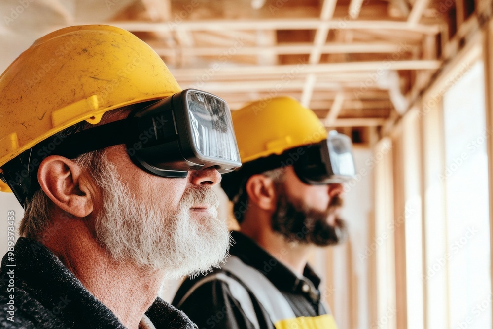 Aufkleber construction workers using vr technology for building inspections in modern wooden framework