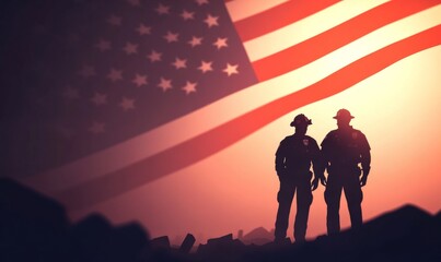 Fototapeta premium Police Officer and Firefighter in Silhouette Under American Flag during Evening Disaster Relief Effort