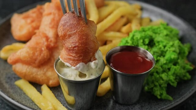 Dipping Fish and chips in a tartar sauce