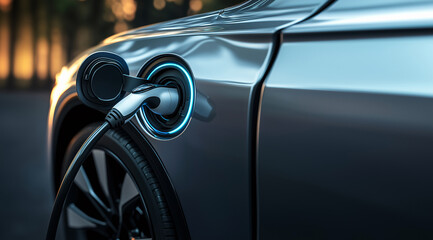 Electric car being charged with charging cable connected to port