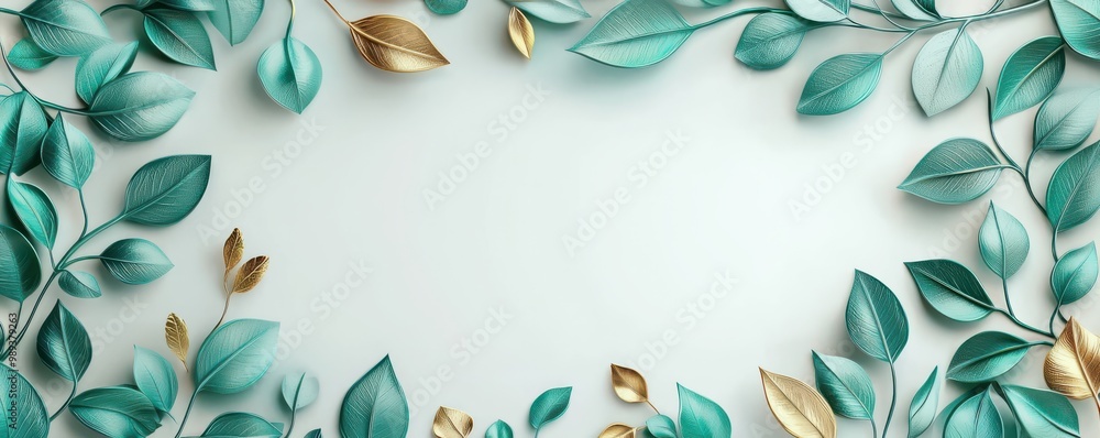 Poster elegant 3d design with emerald green leaves on a white background with touches of gold, creating a l
