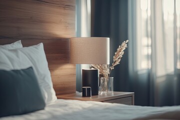 Cozy Bedroom Corner With a Modern Lamp, Fresh Flowers, and Soft Linens During the Golden Hour in a Serene Interior Setting