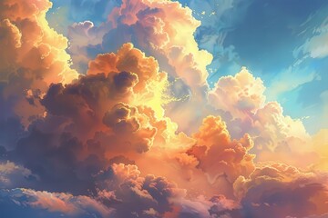 The sky is filled with fluffy white clouds and a few birds flying through them, generative ai image