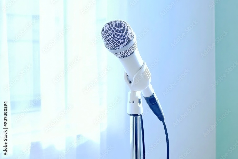 Aufkleber Minimalist Microphone on Stand with White Background - Modern Stock for Public Speaking and Elocution Concepts